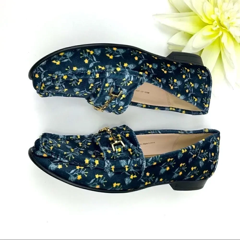 Cabi Carnaby Blue Velvet Floral Slip On Penny Loafer